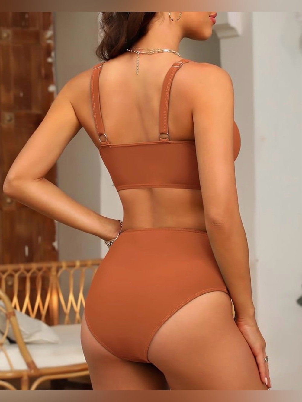 Twist-Front Wide Straps High-Waist Tummy Support Bikini Set in Burnt Orange Med. - Picture 4 of 11